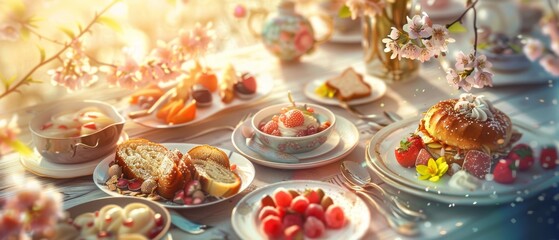 A table filled with pastries, fruit, and flowers in a sunlit setting.
