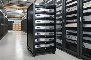 A server rack displaying a network visualization setup in a data center with multiple servers and network hardware arranged in an organized manner.