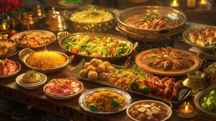 Fototapeta premium A table laden with a variety of delicious dishes, perfect for a celebratory feast. The warm lighting and golden serving dishes create a festive ambiance.