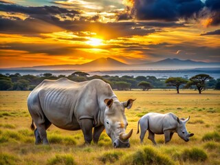 Obraz premium A tranquil White rhino family, mother and calf, graze peacefully during a breathtaking sunset at Ol Pejeta Conservancy in Kenya, East Africa, showcasing their majestic beauty.