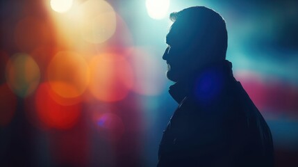 Silhouette of a person with an artistic bokeh background featuring vibrant colors and light circles, giving a contemplative and serene mood.