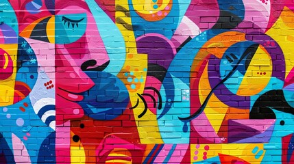 A vibrant and abstract mural with bold colors and geometric shapes. The artwork features faces and other organic shapes, suggesting a playful and energetic expression.