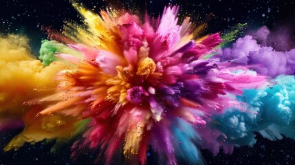 Fototapeta premium A vibrant explosion of colorful powder against a dark background, creating a dynamic and energetic display of various hues and shades.