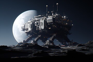 A large spaceship on six legs against the backdrop of the full moon. The moon is large and looks like a sphere, and the spaceship is made of dark gray metal.