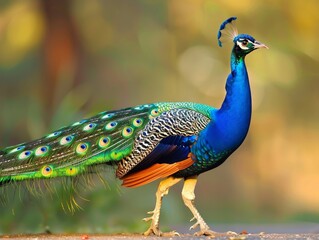 Fototapeta premium A vibrant peacock with its iridescent feathers displayed proudly, standing in a natural setting.