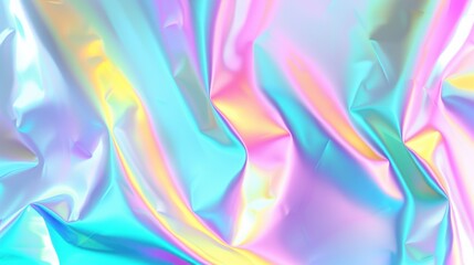 A visually captivating, abstract holographic background with blue and pink iridescent foil textures, featuring wavy patterns and a vibrant color gradient.
