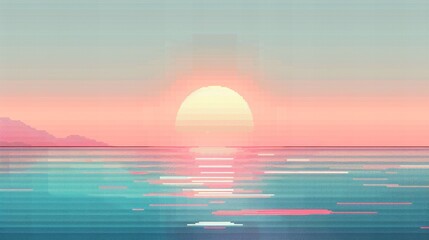 A vibrant sunset over a calm ocean, with the sun reflecting on the water's surface. The sky is a blend of soft pink and orange hues.