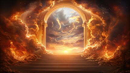 Obraz premium A majestic stairway leads to an ethereal gateway, bathed in glowing light, with clouds parting to reveal a radiant sky, evoking a heavenly and divine atmosphere.