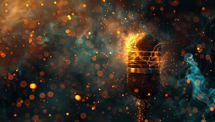 A vintage microphone engulfed in flames and sparks, with a cosmic background.  The image symbolizes passion, energy, and the power of music.