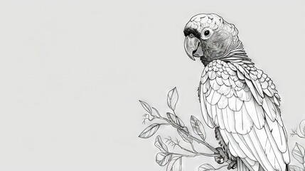 Obraz premium A B&W illustration of a parrot on a tree branch with leaves behind it