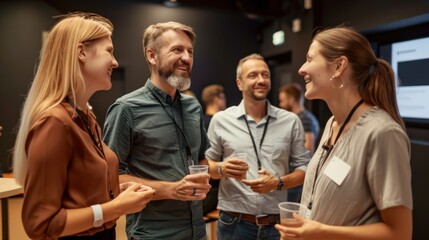 A group of professionals engaging in a cheerful discussion at a networking event, holding drinks and wearing name tags.