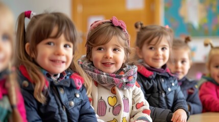 In this vibrant photo, a group of young children in a kindergarten are smiling and engaged, indicating they are having fun and are interested in their activities.