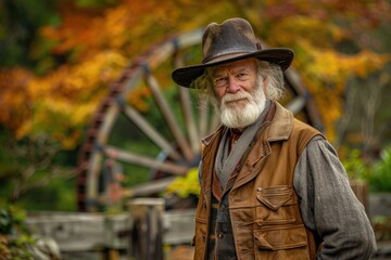An old man with a white beard and a brown hat stands in front of a wooden fence and a large wheel.