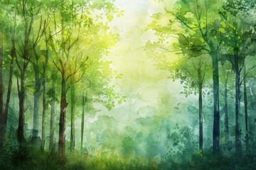 Obraz premium A watercolor painting of a lush green forest with sunlight streaming through the trees.