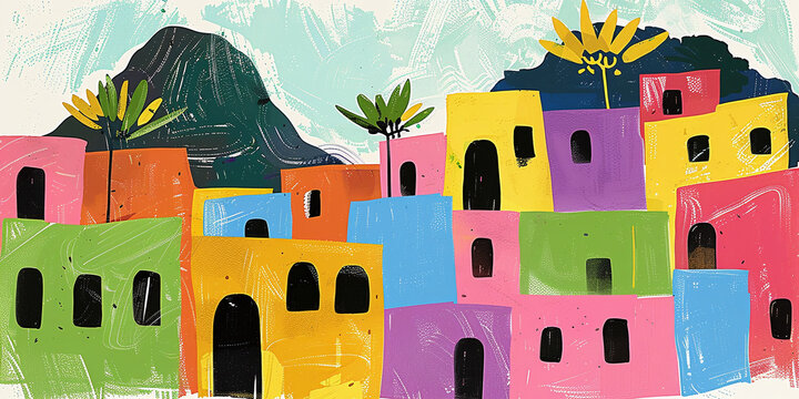 abstract colorful digital painting of favelas in Brazil