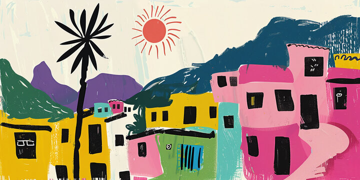 abstract colorful digital painting of favelas in Brazil