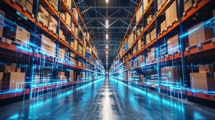 A futuristic warehouse with electronic grids covering the floor and shelves, symbolizing advanced digital logistics and inventory management.