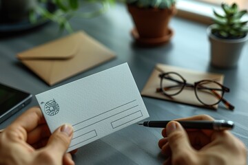 A hand is seen holding a blank white envelope with a black design on it, using a black pen to write on it. The envelope is placed on a desk with a gray surface, and there are other items on the desk, 