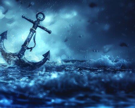 A weathered anchor sits in stormy seas, a symbol of strength and hope.