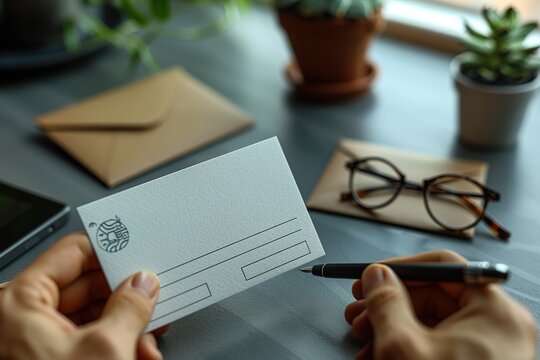 A hand is seen holding a blank white envelope with a black design on it, using a black pen to write on it. The envelope is placed on a desk with a gray surface, and there are other items on the desk, 