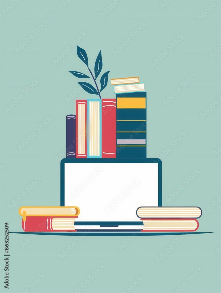 Aufkleber An illustration of a laptop with textbooks, symbolizing modern methods of learning. Ideal for online courses and educational platforms. Generative AI