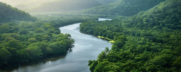 A winding river flows through a lush green forest.