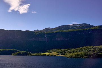 Leinefossen Waterfall from the area of Vangsmjose Lake at Vang in Valdres, Oppland, Norway, of June 2024.