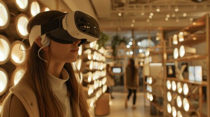 A woman wearing VR headset explores a futuristic retail space filled with interactive displays and lighting.