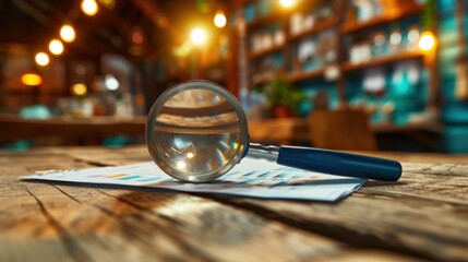 A magnifying glass rests on top of documents featuring analytics data, set against a blurred background of a cozy, warmly-lit room.
