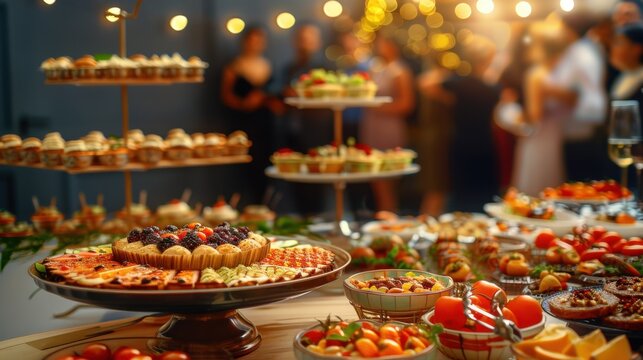 A vibrant indoor catering buffet setup in a restaurant with various dishes and desserts. People are seen in the background, suggesting a social gathering or celebration.