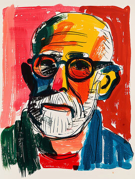 abstract digital collage of philosopher Sigmund Freud, strong simple colors and shapes