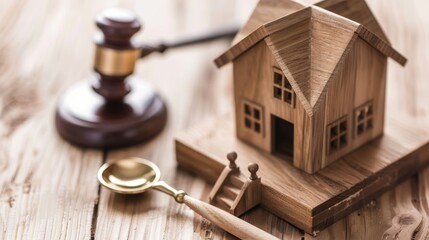 A wooden house model sits on a table with a gavel and a judge's mallet. The image represents real estate law or legal proceedings related to homes.