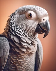 Obraz premium An African Grey Parrot in profile, highlighting the fine details of its grey plumage and textured beak, set against a plain, soft background to accentuate its intelligent expression and sleek appearan