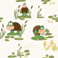 Obraz premium Cartoon Stylized Turtles and Fish on Lily Pond Seamless Repeat Pattern Illustration