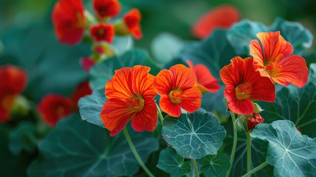 Close up of Red Nasturtium Flowers on a Green Background