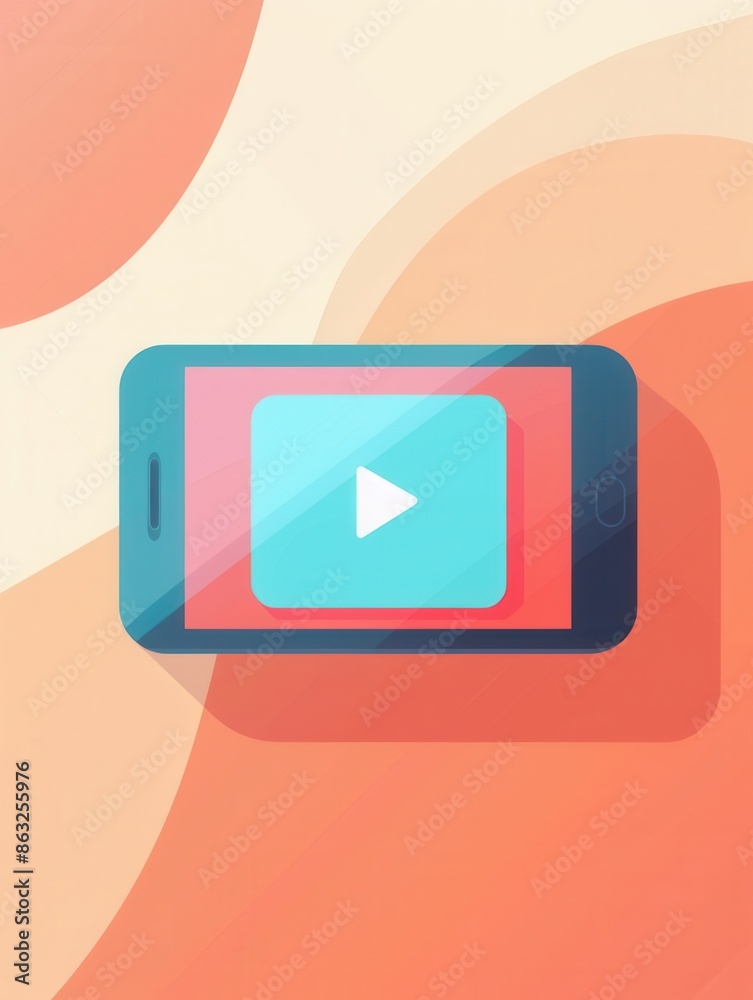 Aufkleber A flat illustration of a smartphone displaying a video streaming interface. The screen features a bright red background with a blue play button, indicating the start of a video. Generative AI