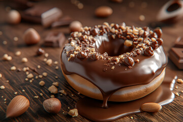 Chocolate Donut with Nuts on Rustic Wooden Surface, Close-Up