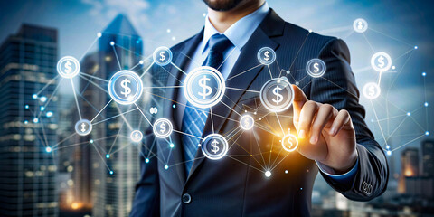 Businessman using virtual dollar sign interface in modern cityscape, concept of digital finance and investment technology
