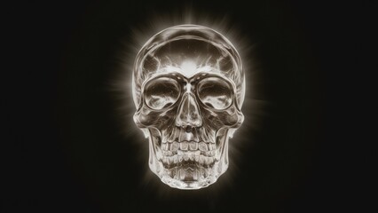  A detailed image of a glowing crystal skull against a dark background, emanating an eerie, mystical light.