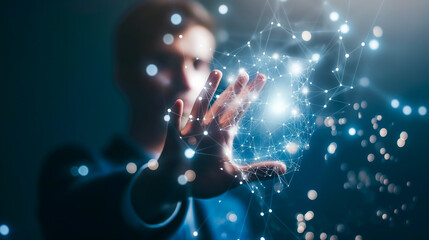 Futuristic Digital Interface, Abstract Background. Technology, Business, Finance, Science. High Tech Holographic Virtual Display, Intuitive User Experience, Data Analysis, Innovation, Work, Success