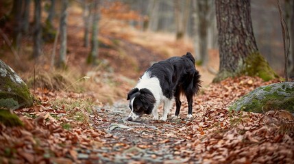 Fototapeta premium A B&W dog traversing a forest trail surrounded by leafy undergrowth and towering trees