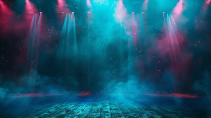 Fototapeta premium Abstract blue and pink stage with spotlights and smoke. Perfect for a dramatic and atmospheric backdrop.