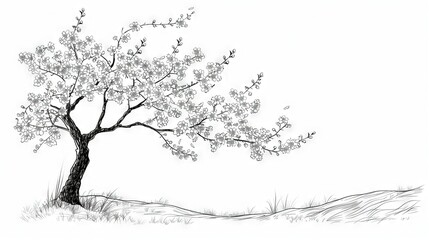 Fototapeta premium A monochromatic depiction of a tree adorned with white blooms in the foreground against a hilly backdrop