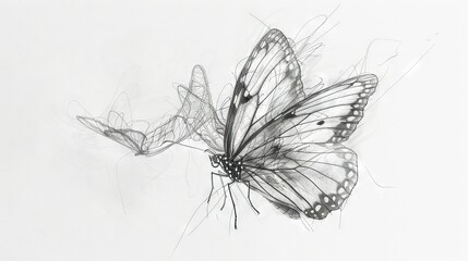   A crisp black-and-white picture captures a butterfly soaring through the sky, its wings fully stretched