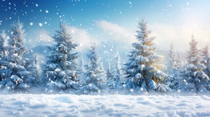 A breathtaking snow-covered landscape, bathed in soft sunlight. Tall, frosted pine trees stand against a bright blue sky with falling snowflakes, creating a serene winter scene.