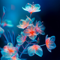 A beautiful bunch of abstract and futuristic, alien,  orchid style flower with transparent petals, vibrant orange and deep blues, delicate, see through, beautiful.
