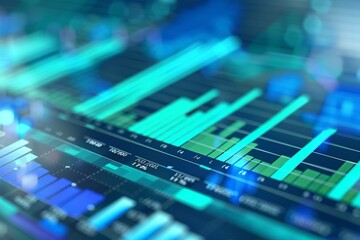 Abstract close-up of a computer screen displaying stock market data with green bars and blue numbers.  A visual representation of financial growth and progress.