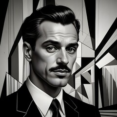 A man in a highly stylized black and white cartoon drawing, heavily inspired by mid-20th century graphic design