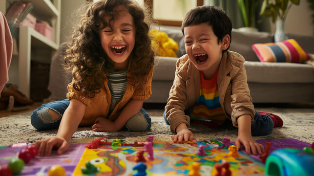 Un moment of joy as two children play a board game, filling their living room with laughter.