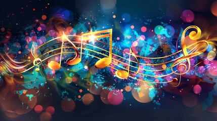 Abstract colorful background with glowing musical notes and bokeh lights. Perfect for music, entertainment, or celebration themes.